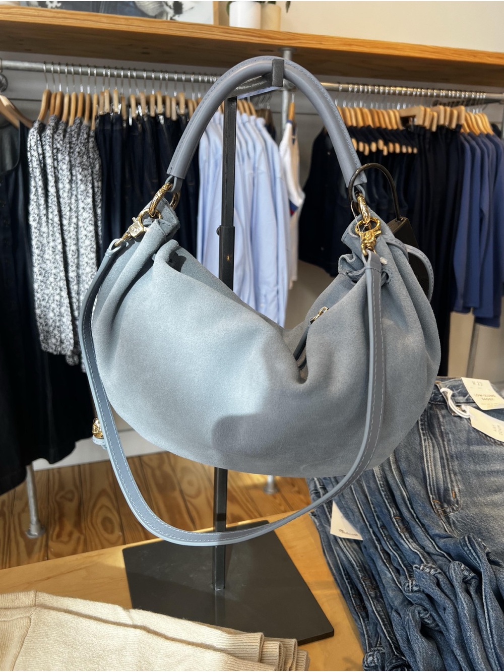 Madewell gathered shoulder bag Soft Suede Hobo Bag in serene Blue - Picture 10 of 12